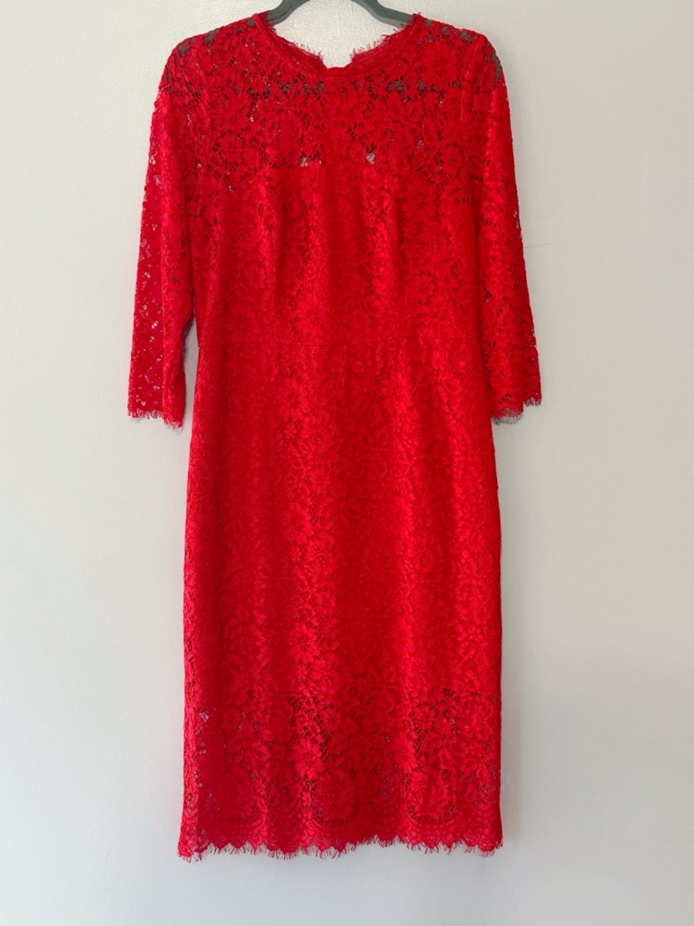 NWT J.Crew Long-Sleeve Lace Sheath Midi Dress in Red Size 8 Eyelash Scallop Trim